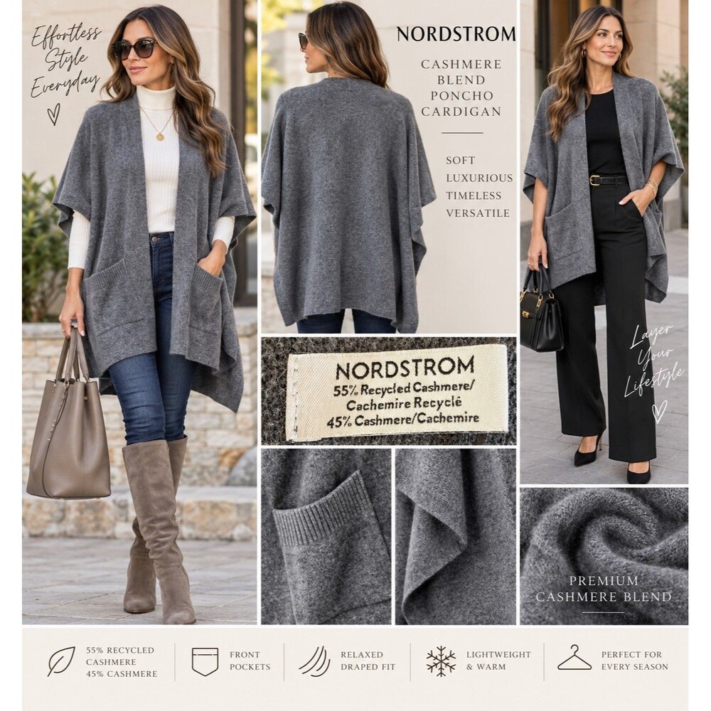 Nordstrom Women Gray Cashmere Poncho Cardigan Open Front Oversized Pockets